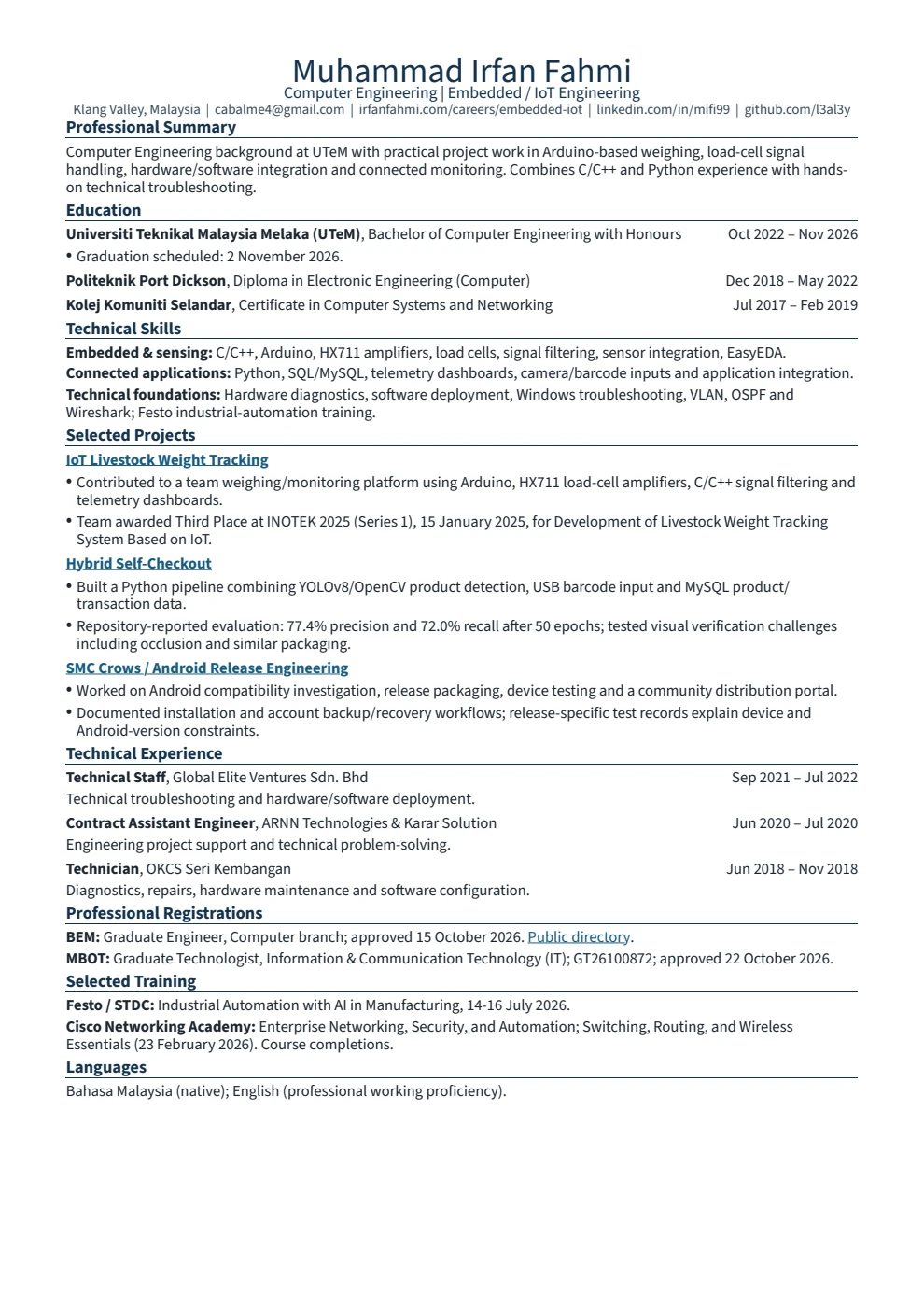 First page of Embedded / IoT Engineer resume