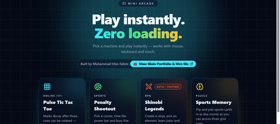 Mini Arcade interface with its browser games